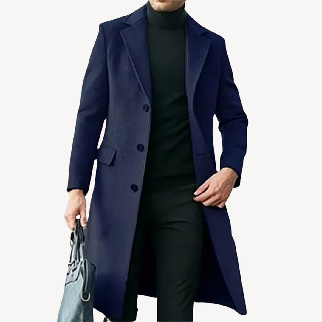 Mens Long Wool-Blend Overcoat Tailored Formal Jacket