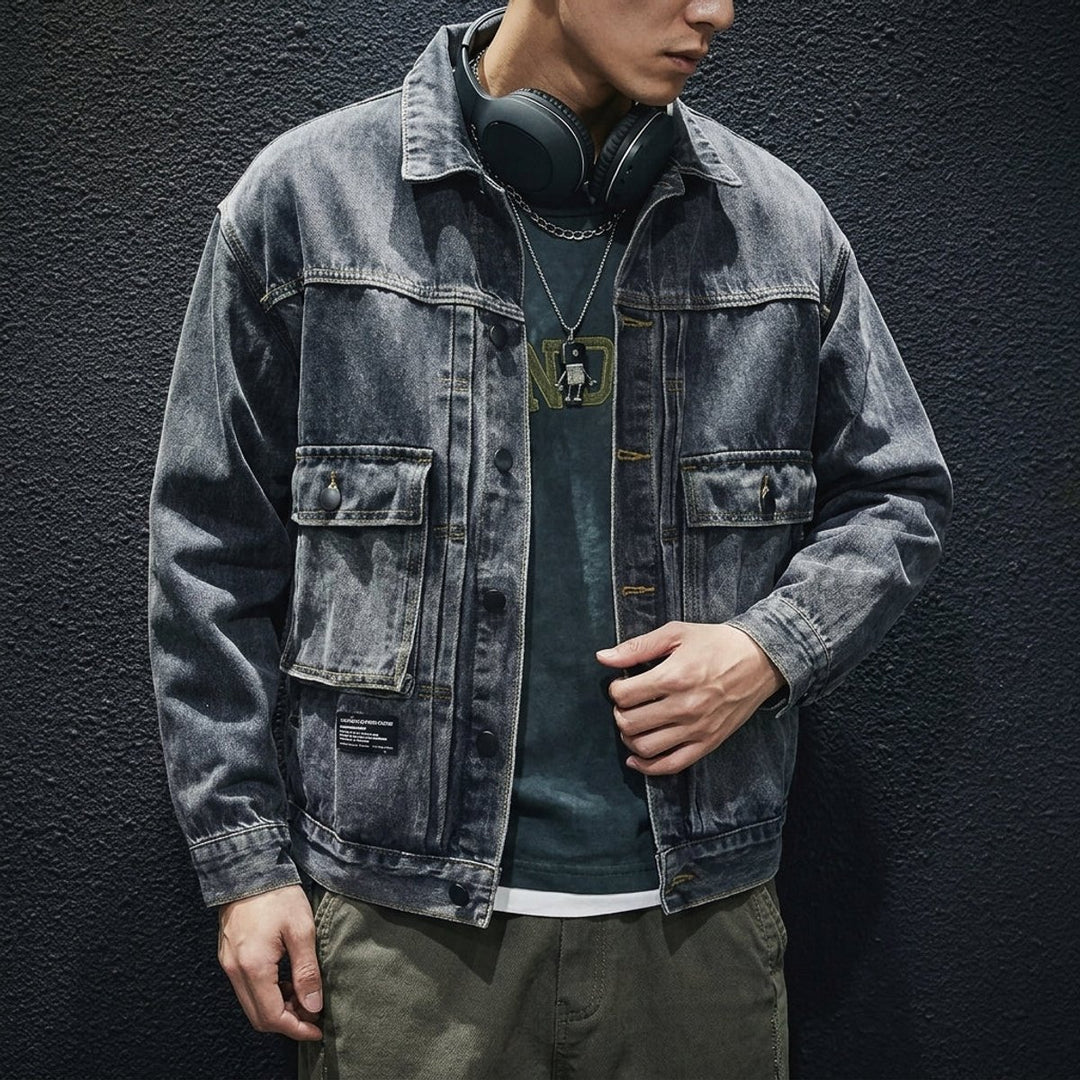 Men's Loose-Fit Washed Denim Jacket Carhartt-Style Bomber