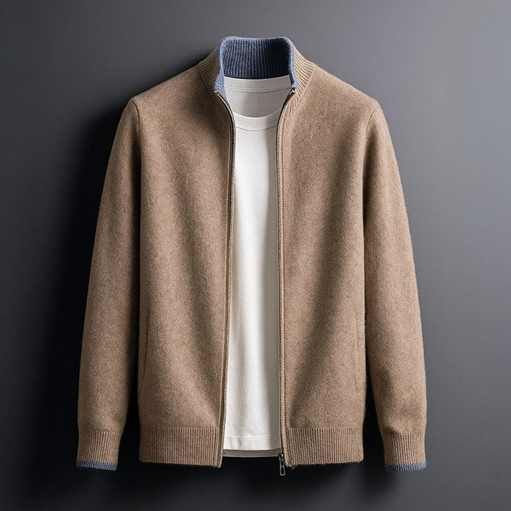 Mens Merino Wool Full-Zip Knit Jacket Ribbed Collar Cardigan