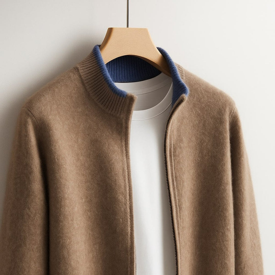 Mens Merino Wool Full-Zip Knit Jacket Ribbed Collar Cardigan