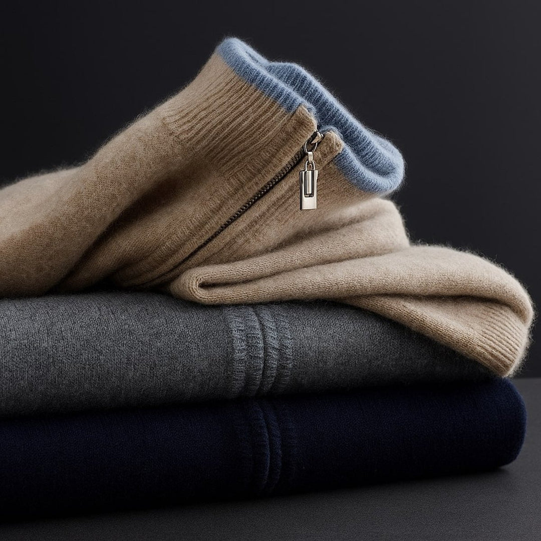 Mens Merino Wool Full-Zip Knit Jacket Ribbed Collar Cardigan