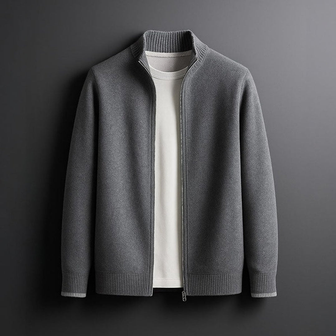 Mens Merino Wool Full-Zip Knit Jacket Ribbed Collar Cardigan