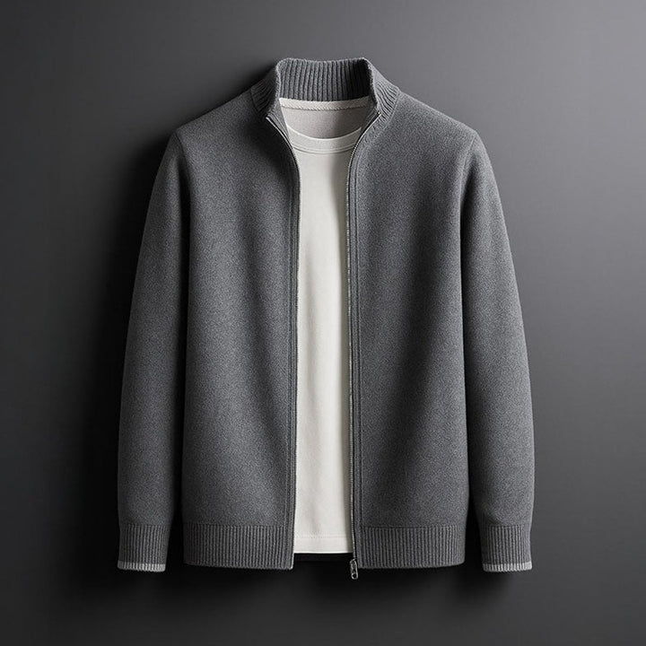 Mens Merino Wool Full-Zip Knit Jacket Ribbed Collar Cardigan