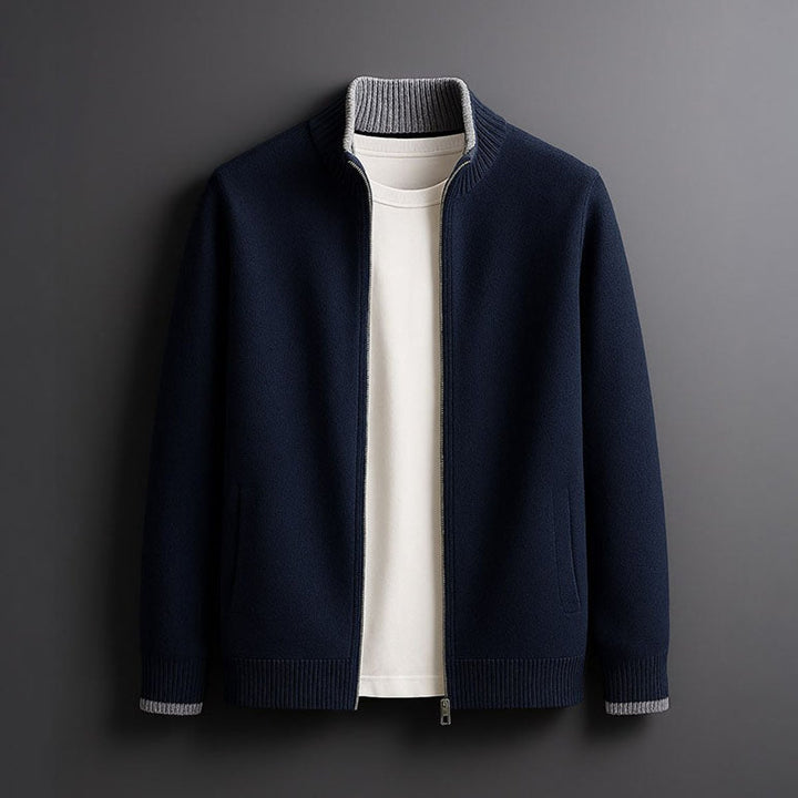 Mens Merino Wool Full-Zip Knit Jacket Ribbed Collar Cardigan