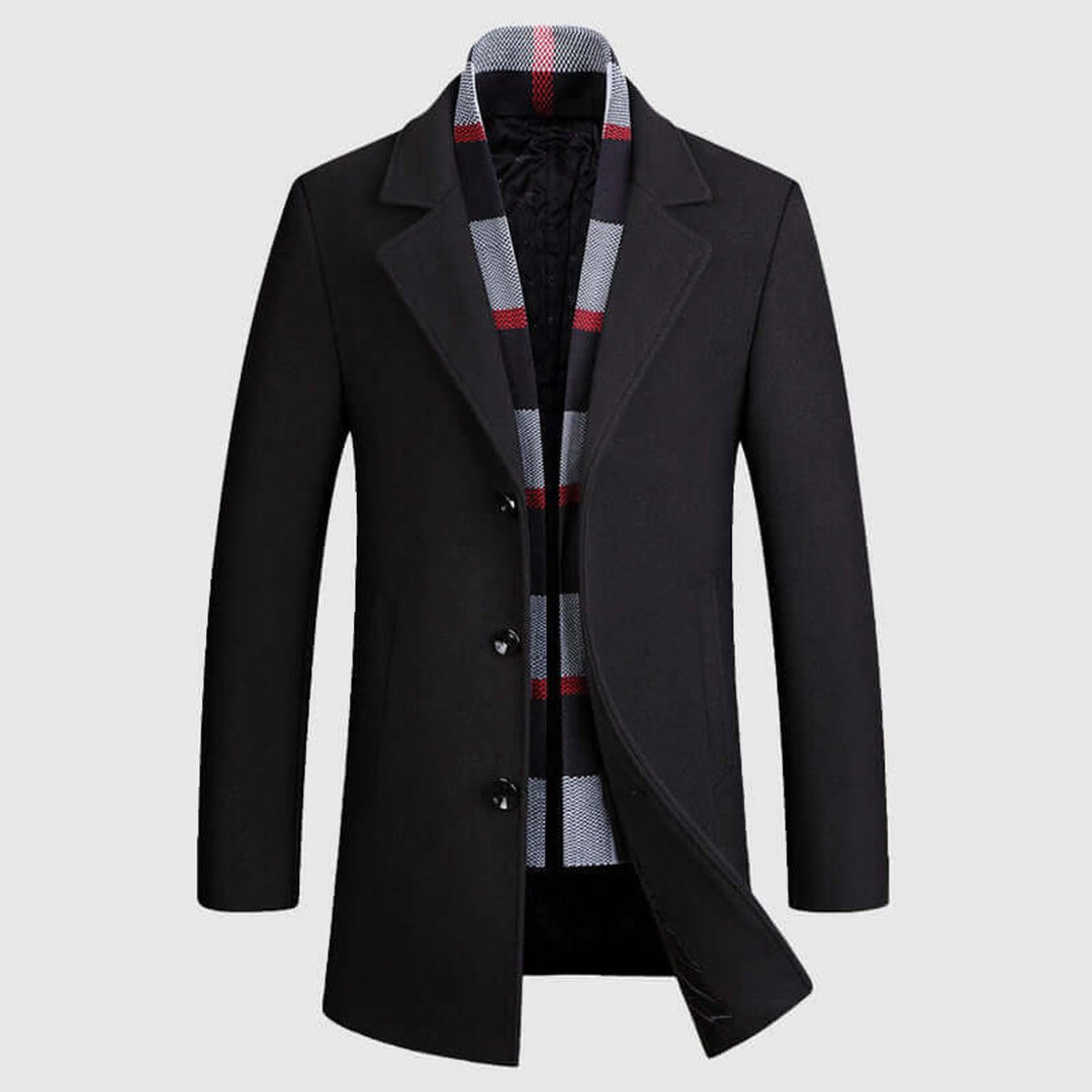 Mens Notch Lapel Wool-Blend Overcoat Scarf-Lined Winter Jacket
