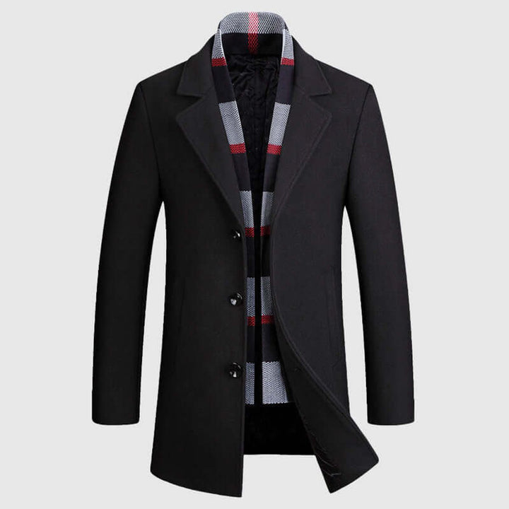 Mens Notch Lapel Wool-Blend Overcoat Scarf-Lined Winter Jacket