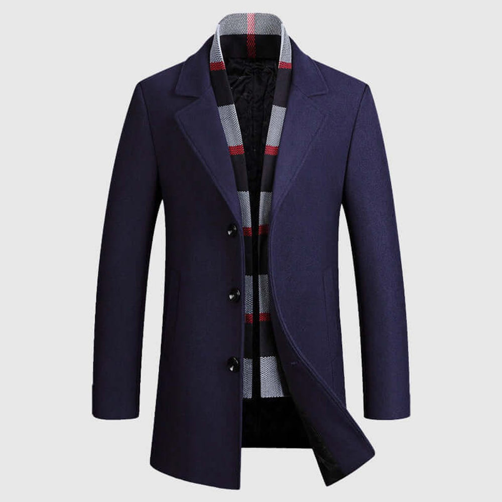 Mens Notch Lapel Wool-Blend Overcoat Scarf-Lined Winter Jacket