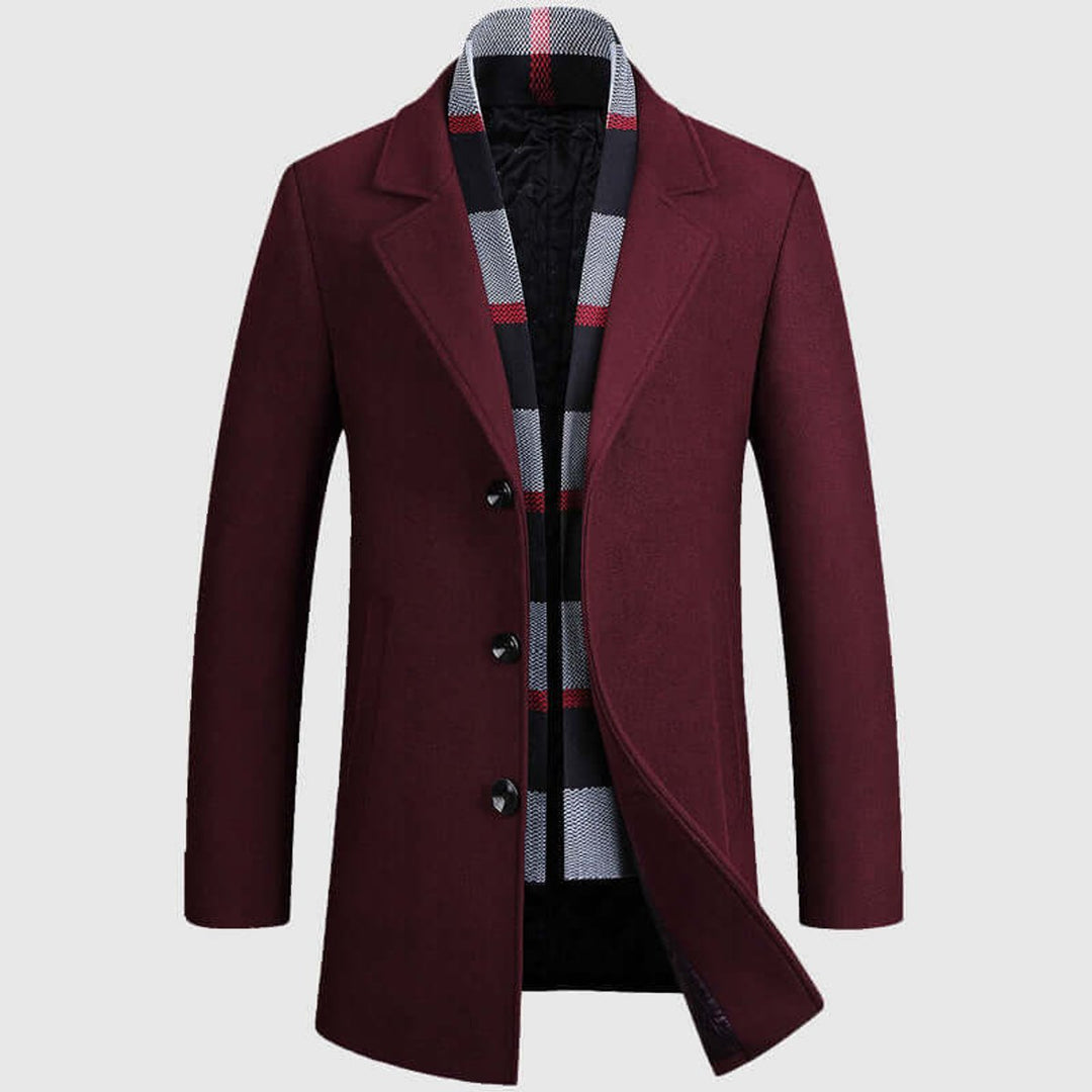 Mens Notch Lapel Wool-Blend Overcoat Scarf-Lined Winter Jacket