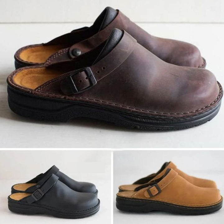 Men's Orthopedic Leather Slip-On Clogs Buckle Mules