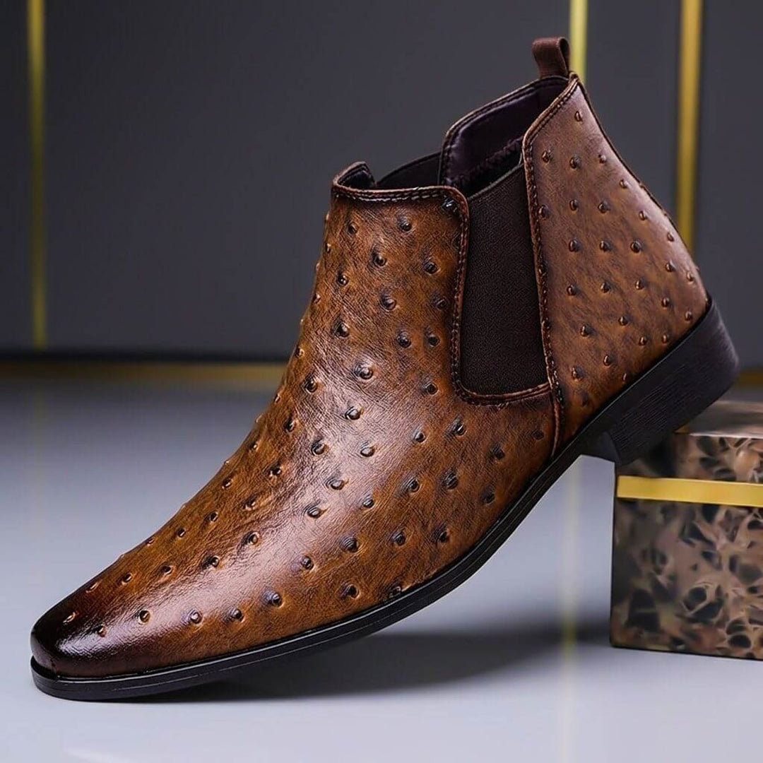 Men's Ostrich-Embossed Leather Chelsea Ankle Boots Slip-On - Cognac Brown