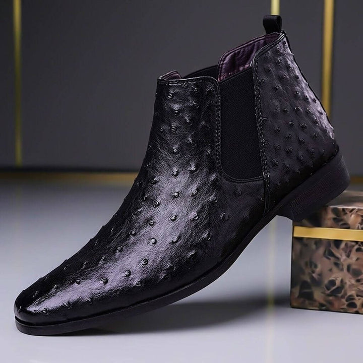 Men's Ostrich-Embossed Leather Chelsea Ankle Boots Slip-On - Obsidian Black