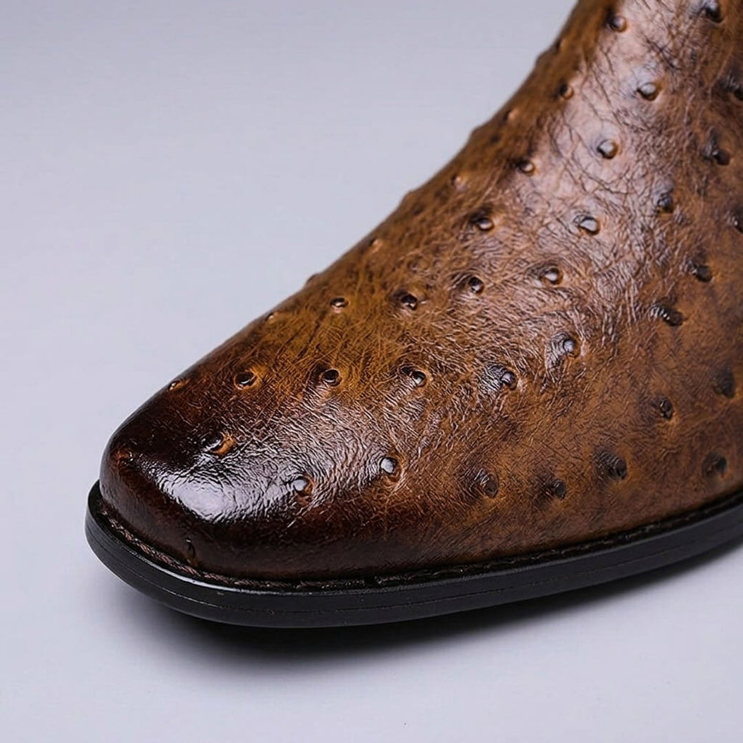 Men's Ostrich-Embossed Leather Chelsea Ankle Boots Slip-On