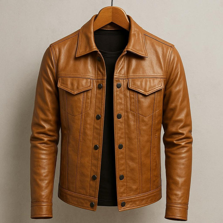 Men's Premium Leather Trucker Jacket Snap Closure Mens Coats