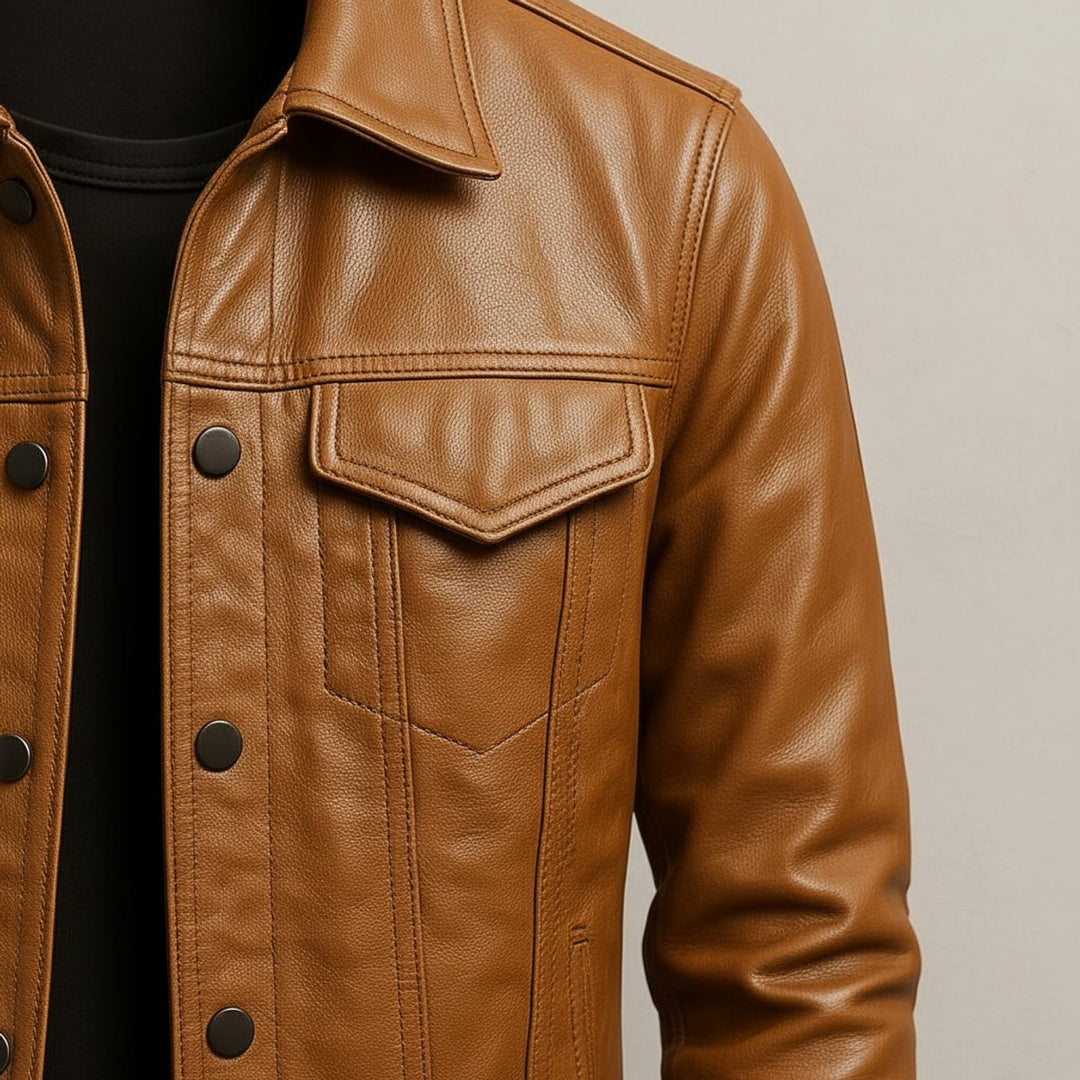 Men's Premium Leather Trucker Jacket Snap Closure Mens Coats