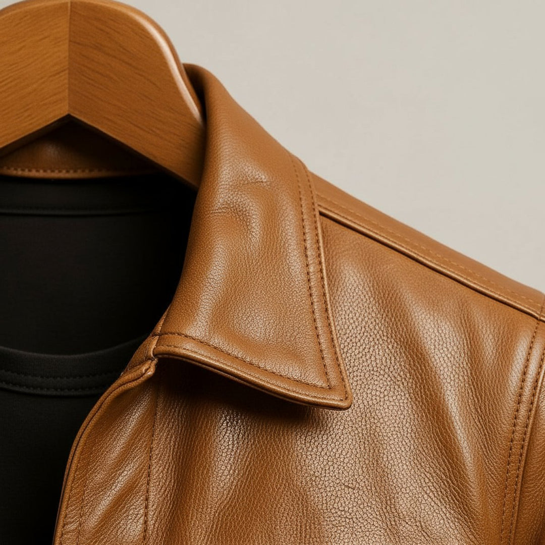 Men's Premium Leather Trucker Jacket Snap Closure Mens Coats