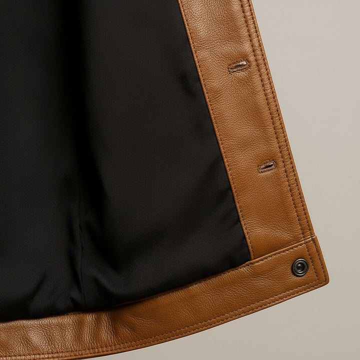 Men's Premium Leather Trucker Jacket Snap Closure Mens Coats