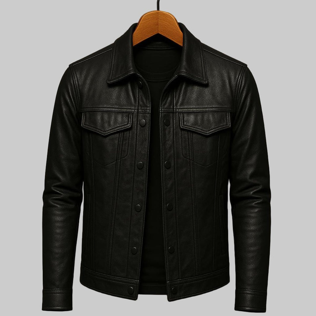 Men's Premium Leather Trucker Jacket Snap Closure Mens Coats