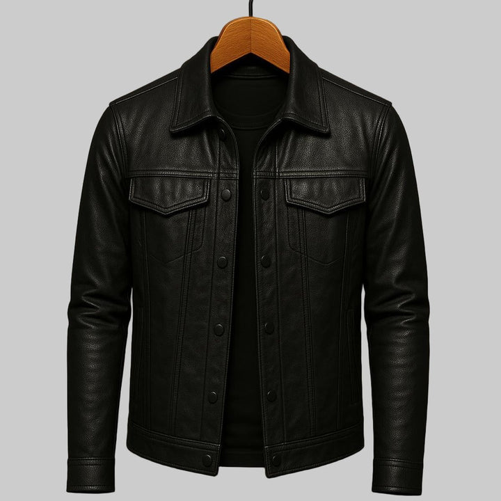 Men's Premium Leather Trucker Jacket Snap Closure Mens Coats