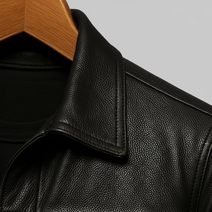 Men's Premium Leather Trucker Jacket Snap Closure Mens Coats