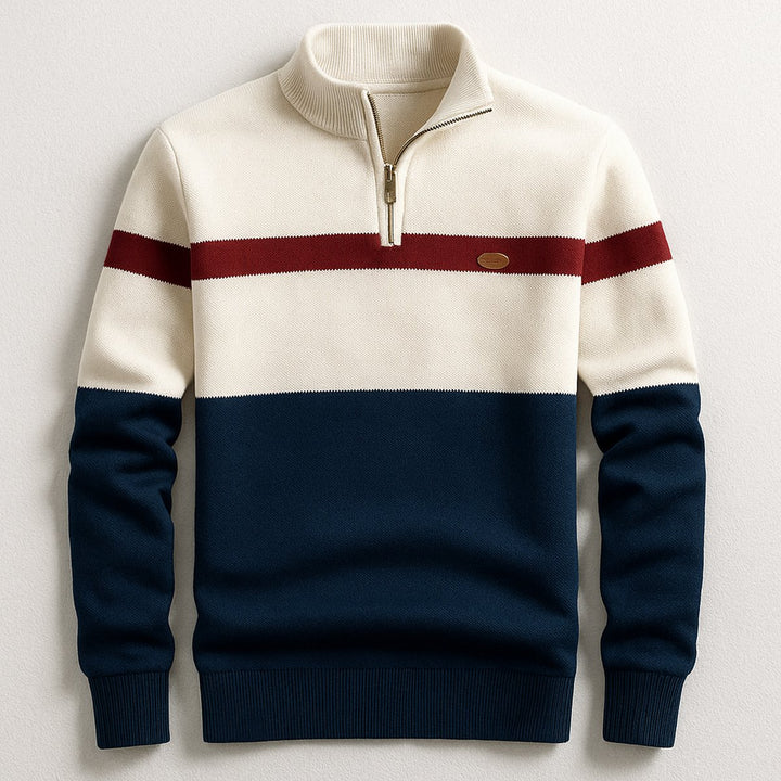 Men's Quarter-Zip Knitted Jumper Bold Contrast Stripe Cotton Pullover