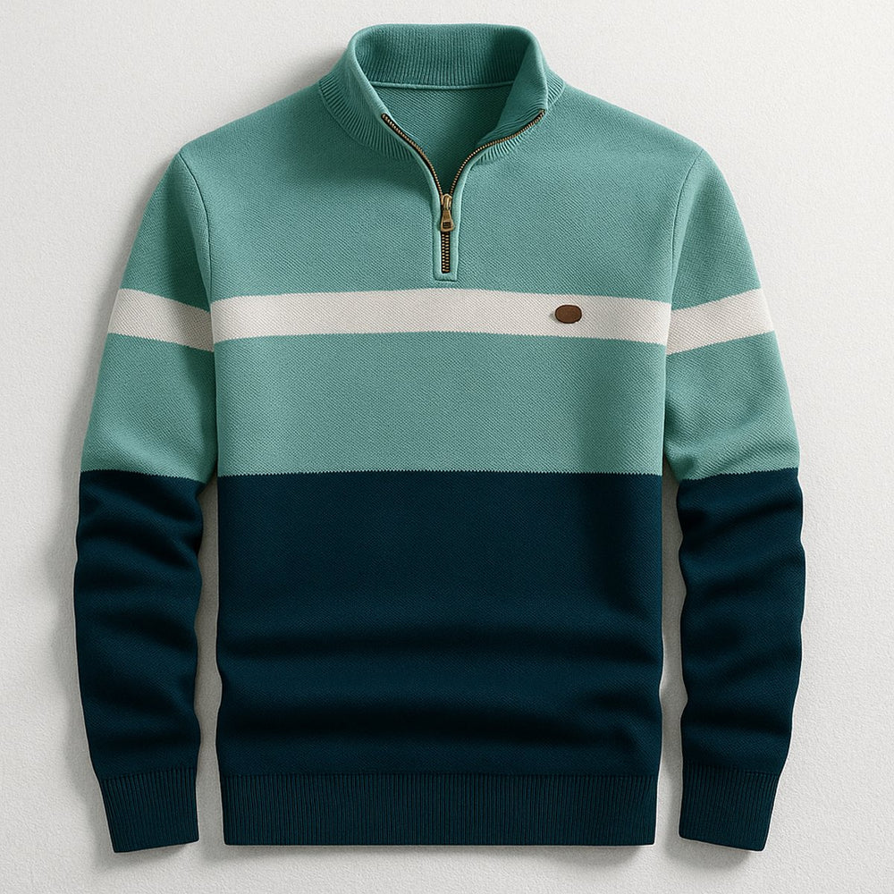 Men's Quarter-Zip Knitted Jumper Bold Contrast Stripe Cotton Pullover