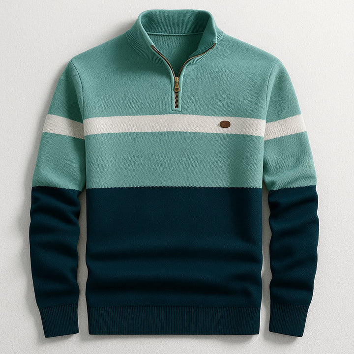 Men's Quarter-Zip Knitted Jumper Bold Contrast Stripe Cotton Pullover