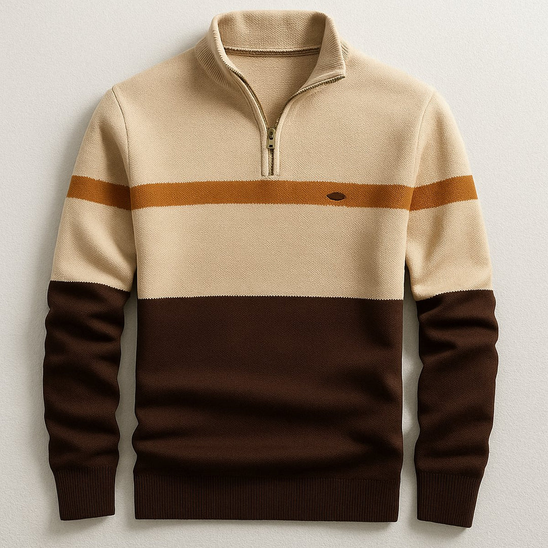 Men's Quarter-Zip Knitted Jumper Bold Contrast Stripe Cotton Pullover