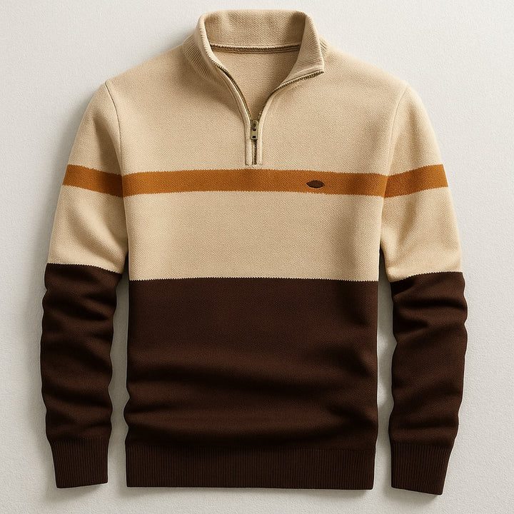 Men's Quarter-Zip Knitted Jumper Bold Contrast Stripe Cotton Pullover