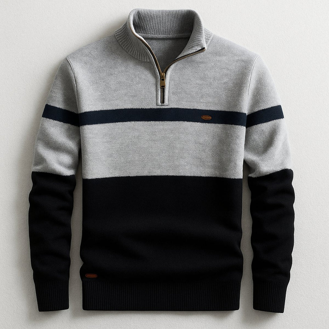 Men's Quarter-Zip Knitted Jumper Bold Contrast Stripe Cotton Pullover