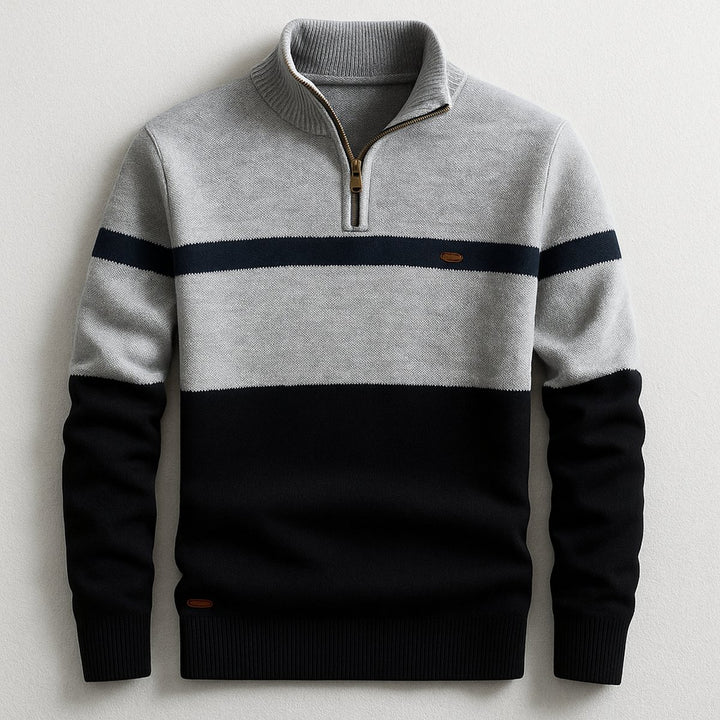 Men's Quarter-Zip Knitted Jumper Bold Contrast Stripe Cotton Pullover