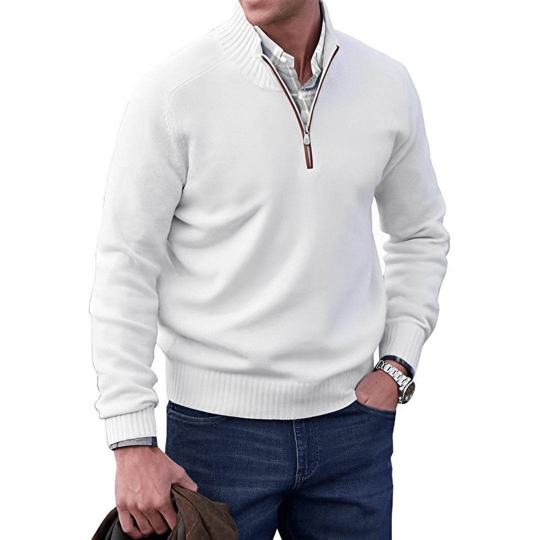 Mens Quarter-Zip Knitted Jumper Regular-Fit Ribbed Collar Pullover