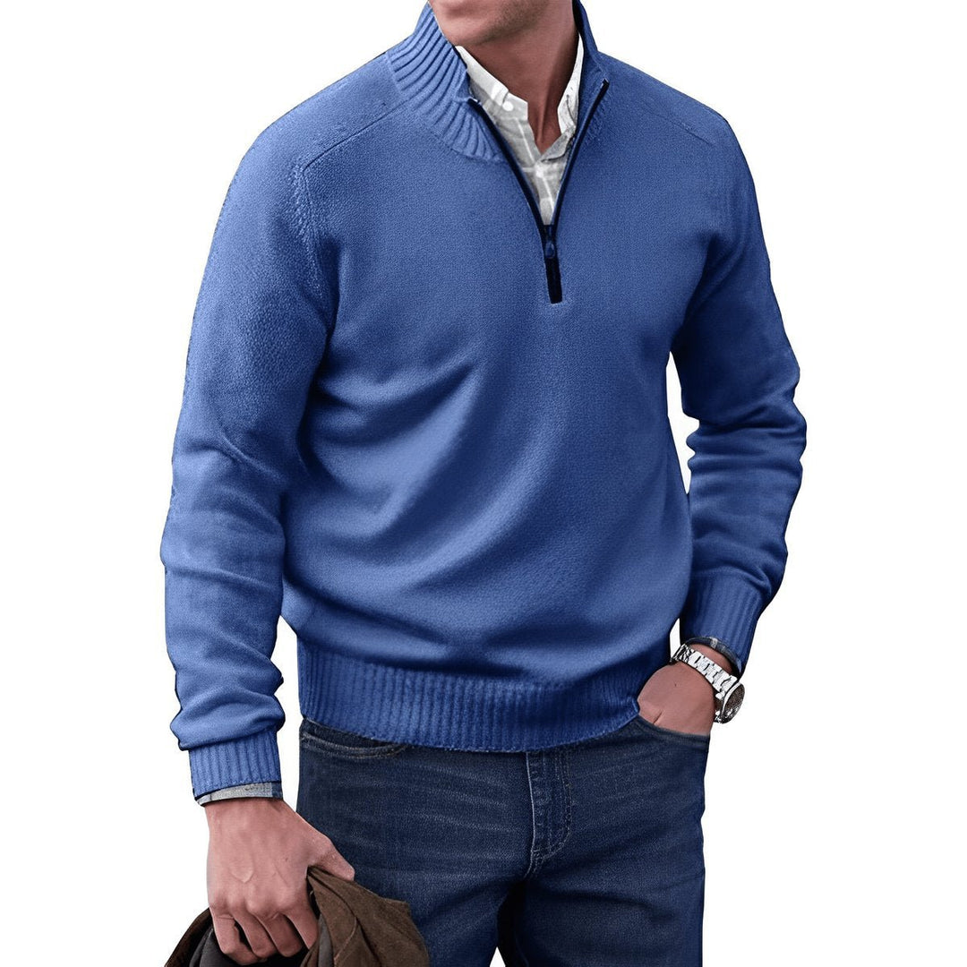 Mens Quarter-Zip Knitted Jumper Regular-Fit Ribbed Collar Pullover
