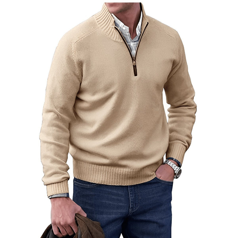 Mens Quarter-Zip Knitted Jumper Regular-Fit Ribbed Collar Pullover