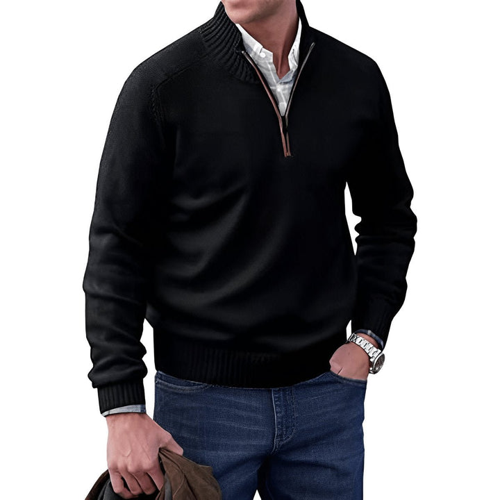 Mens Quarter-Zip Knitted Jumper Regular-Fit Ribbed Collar Pullover
