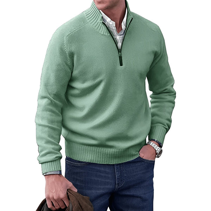 Mens Quarter-Zip Knitted Jumper Regular-Fit Ribbed Collar Pullover