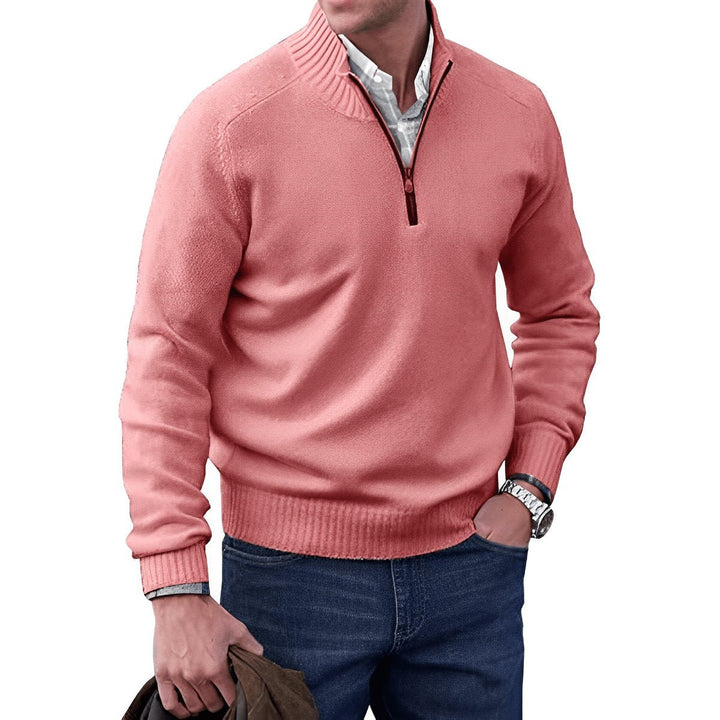 Mens Quarter-Zip Knitted Jumper Regular-Fit Ribbed Collar Pullover