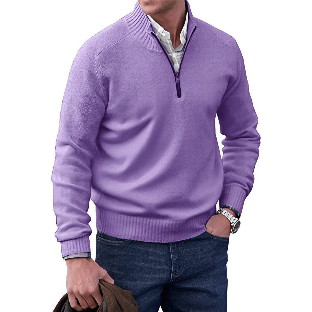 Mens Quarter-Zip Knitted Jumper Regular-Fit Ribbed Collar Pullover