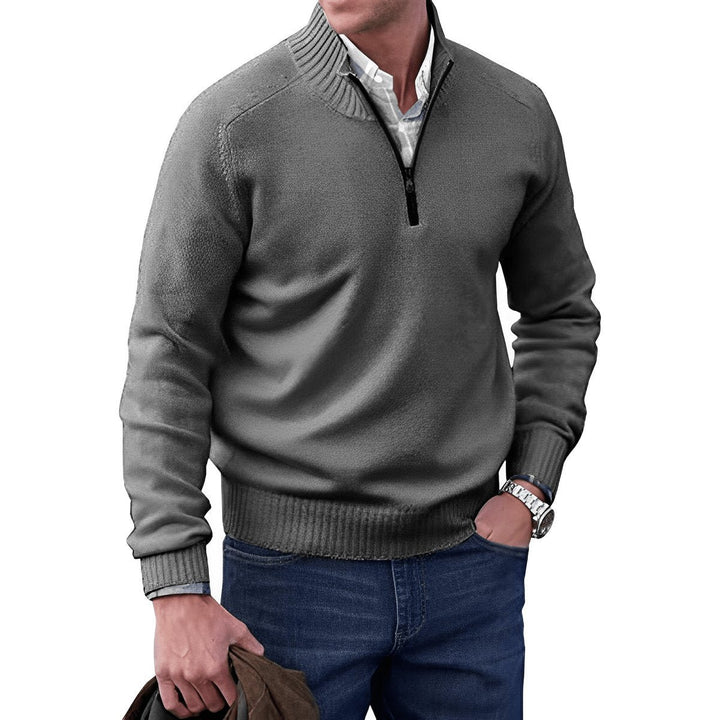Mens Quarter-Zip Knitted Jumper Regular-Fit Ribbed Collar Pullover