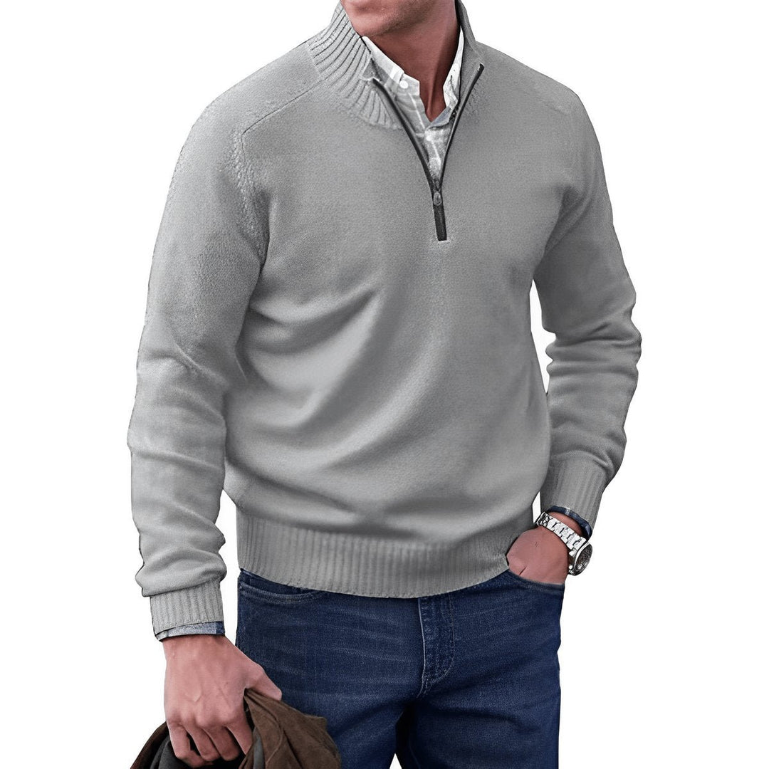Mens Quarter-Zip Knitted Jumper Regular-Fit Ribbed Collar Pullover