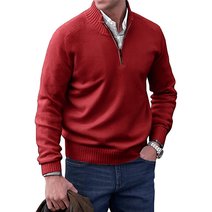 Mens Quarter-Zip Knitted Jumper Regular-Fit Ribbed Collar Pullover