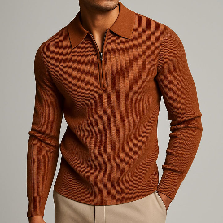 Men's Quarter-Zip Knitted Polo Jumper Tailored Waffle Knit