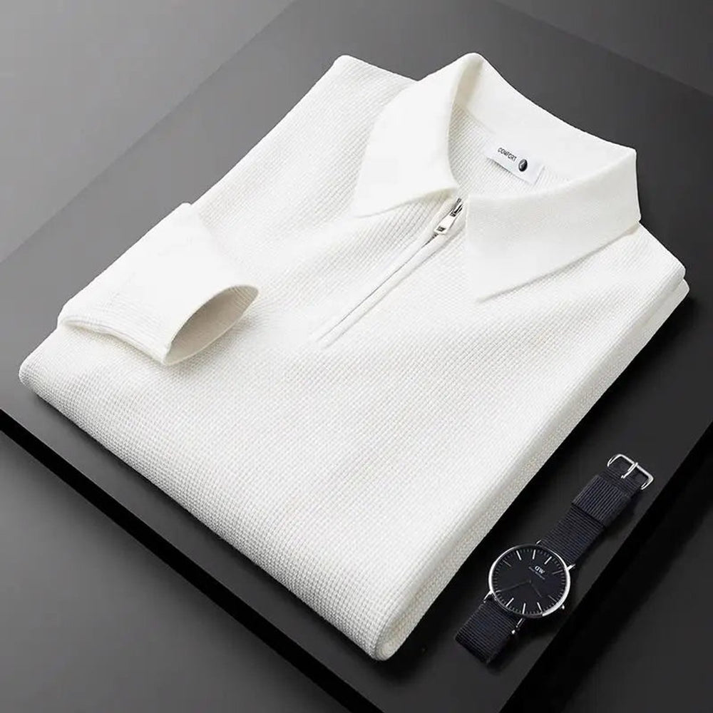 Men's Quarter-Zip Knitted Polo Jumper Tailored Waffle Knit