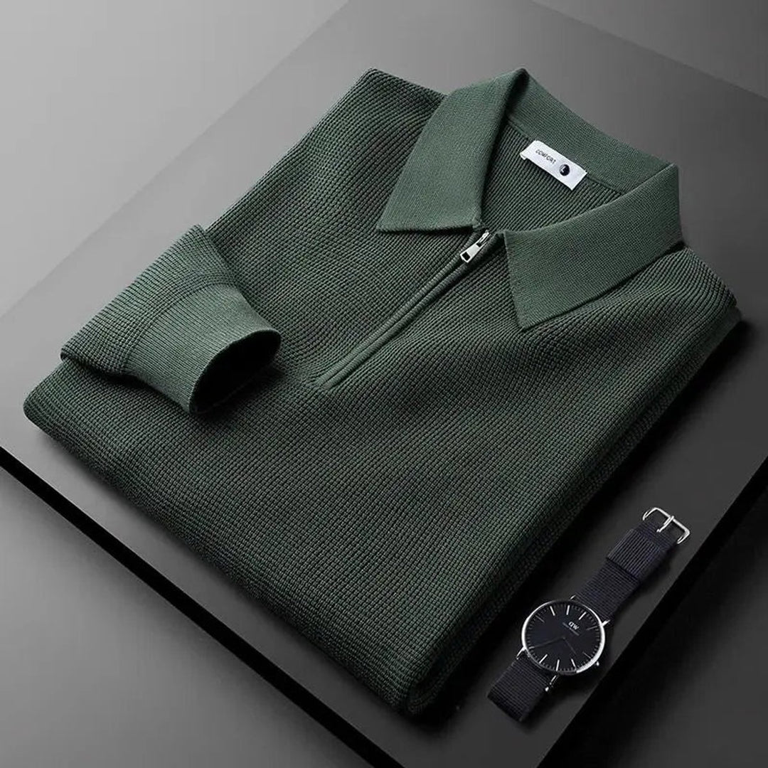 Men's Quarter-Zip Knitted Polo Jumper Tailored Waffle Knit