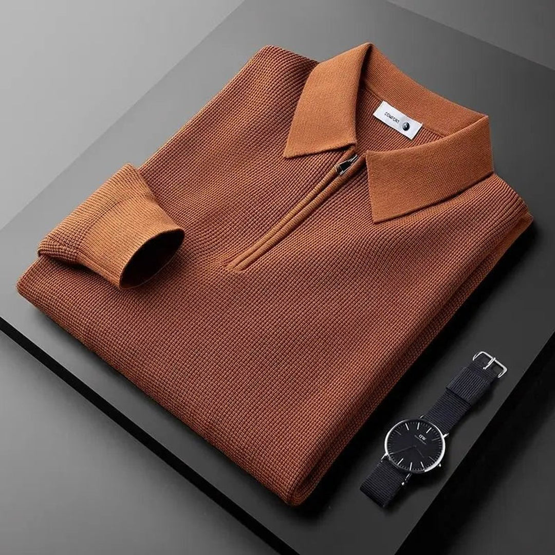 Men's Quarter-Zip Knitted Polo Jumper Tailored Waffle Knit