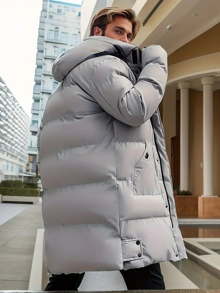 Mens Quilted Hooded Waterproof Puffer Coat Mid-Length Winter Jacket