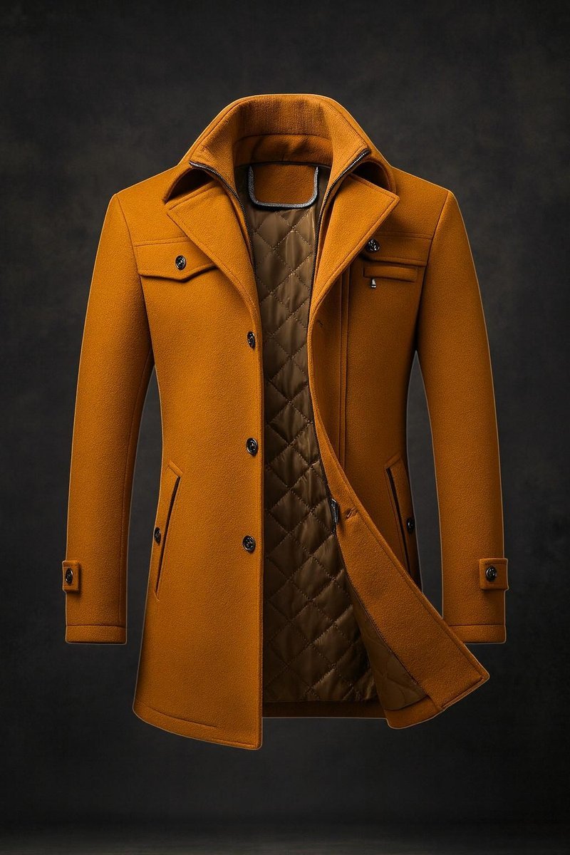 Mens Quilted-Lined Double-Collar Tailored Wool Overcoat