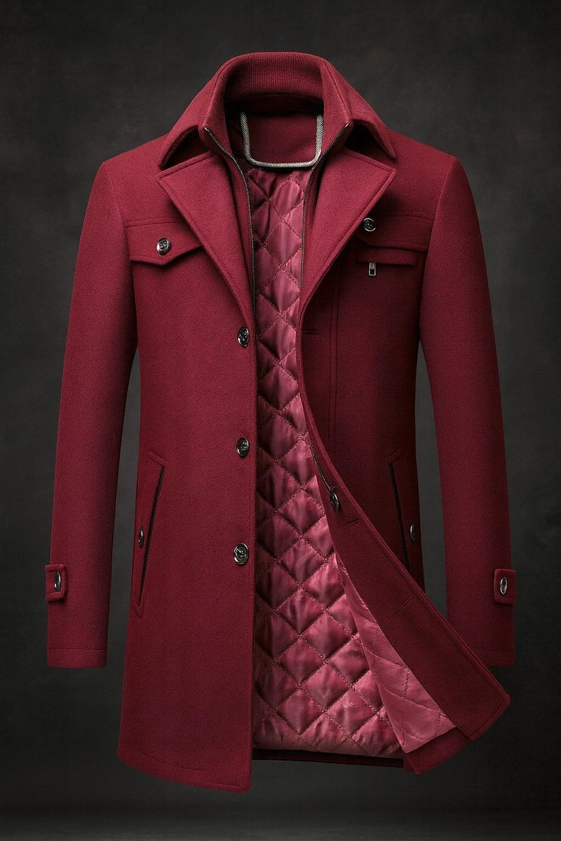 Mens Quilted-Lined Double-Collar Tailored Wool Overcoat