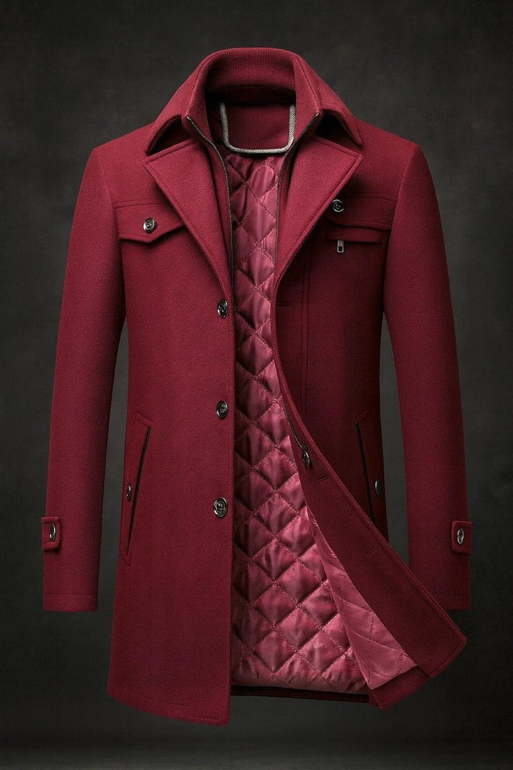Mens Quilted-Lined Double-Collar Tailored Wool Overcoat