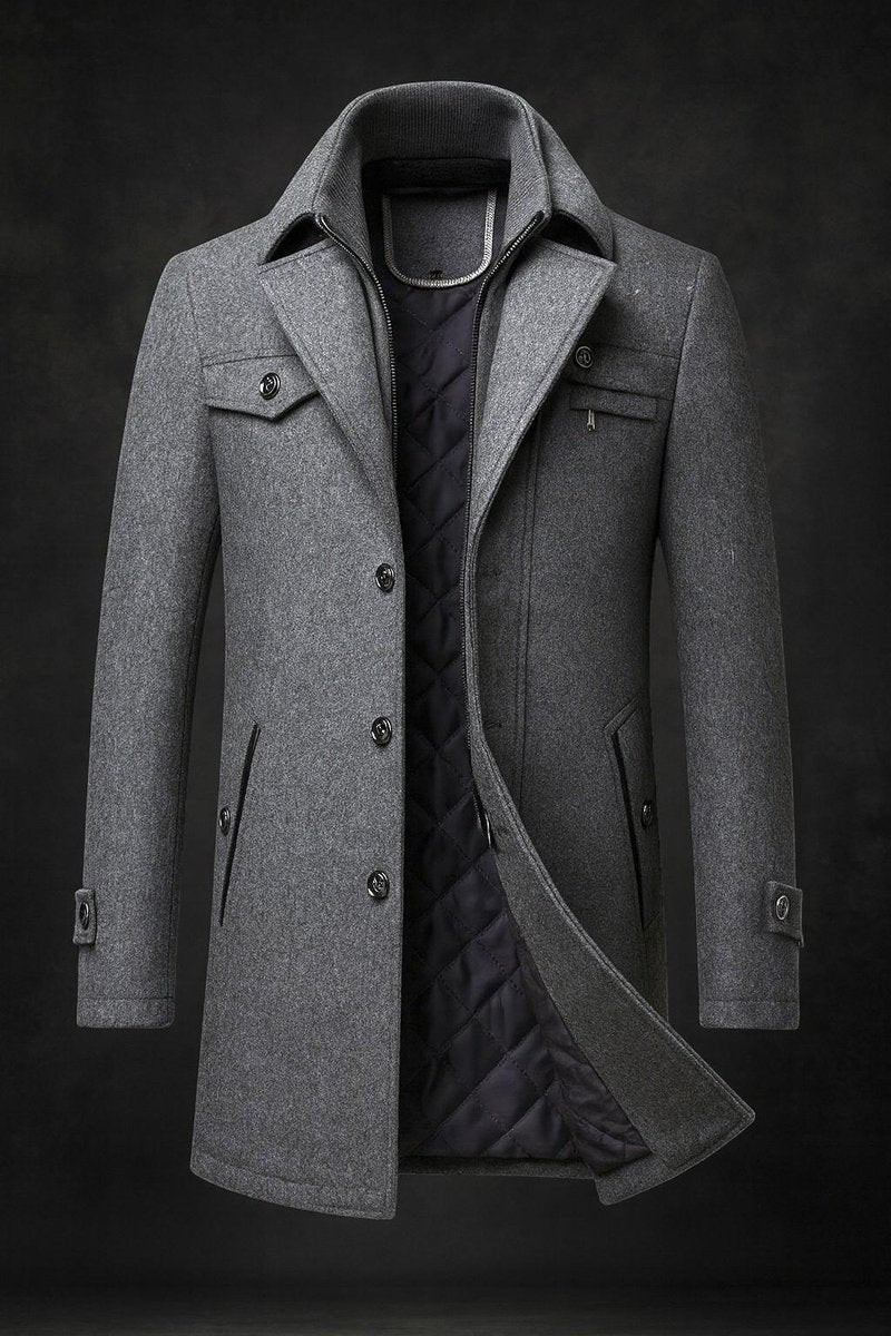 Mens Quilted-Lined Double-Collar Tailored Wool Overcoat