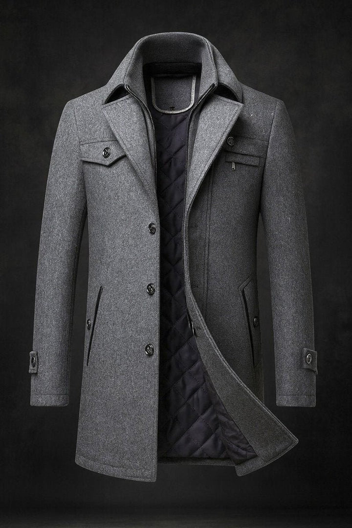 Mens Quilted-Lined Double-Collar Tailored Wool Overcoat